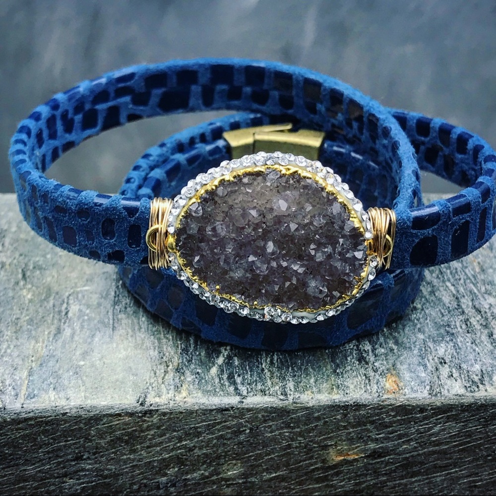 Handmade blue leather wrap bohemian druzy bracelet